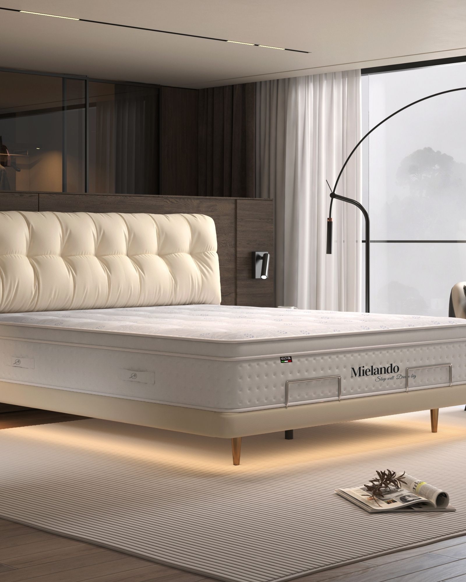 Tavola collection — solid wood dining table with linen chairs