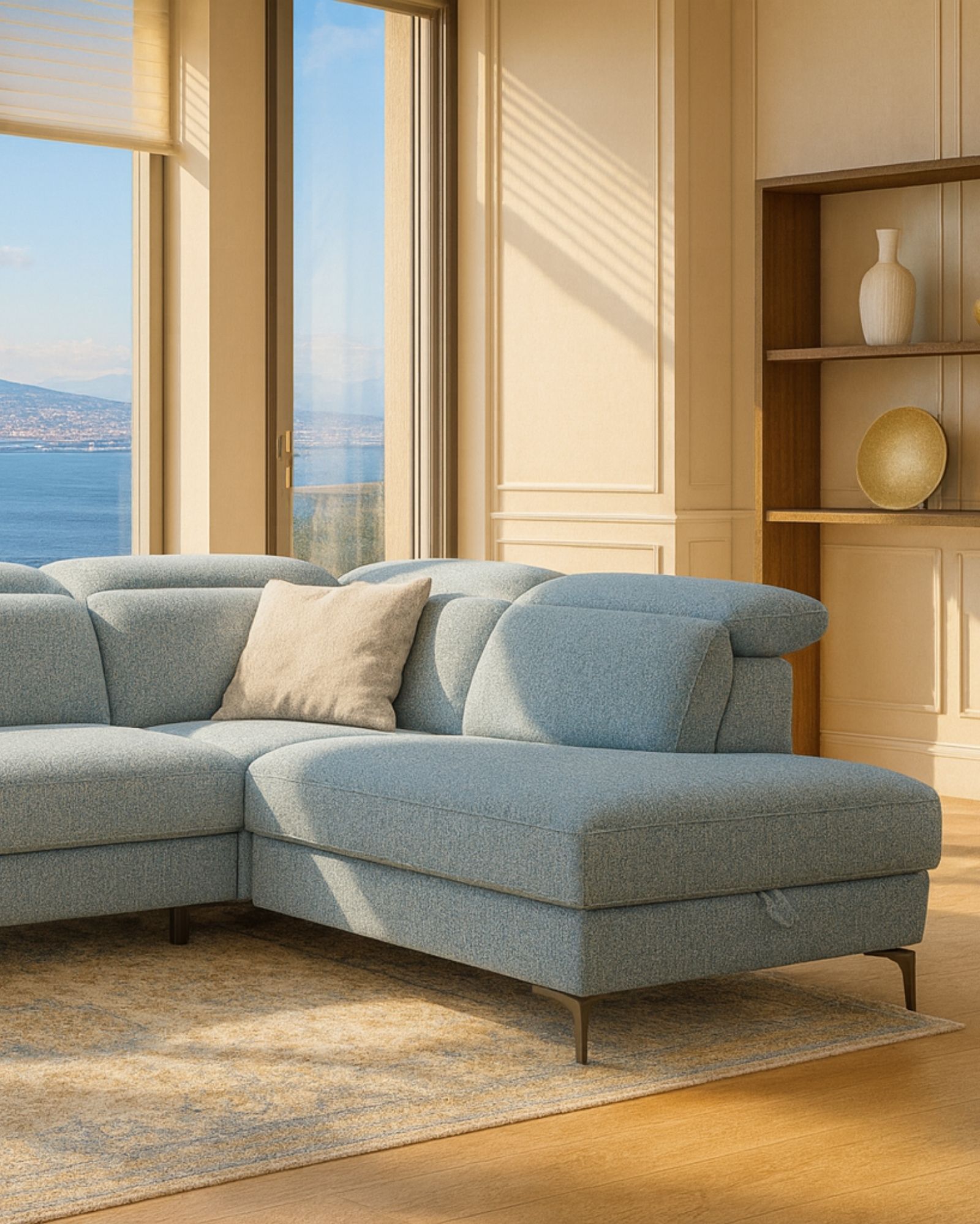 Riposo collection — upholstered bed frame in a calm bedroom